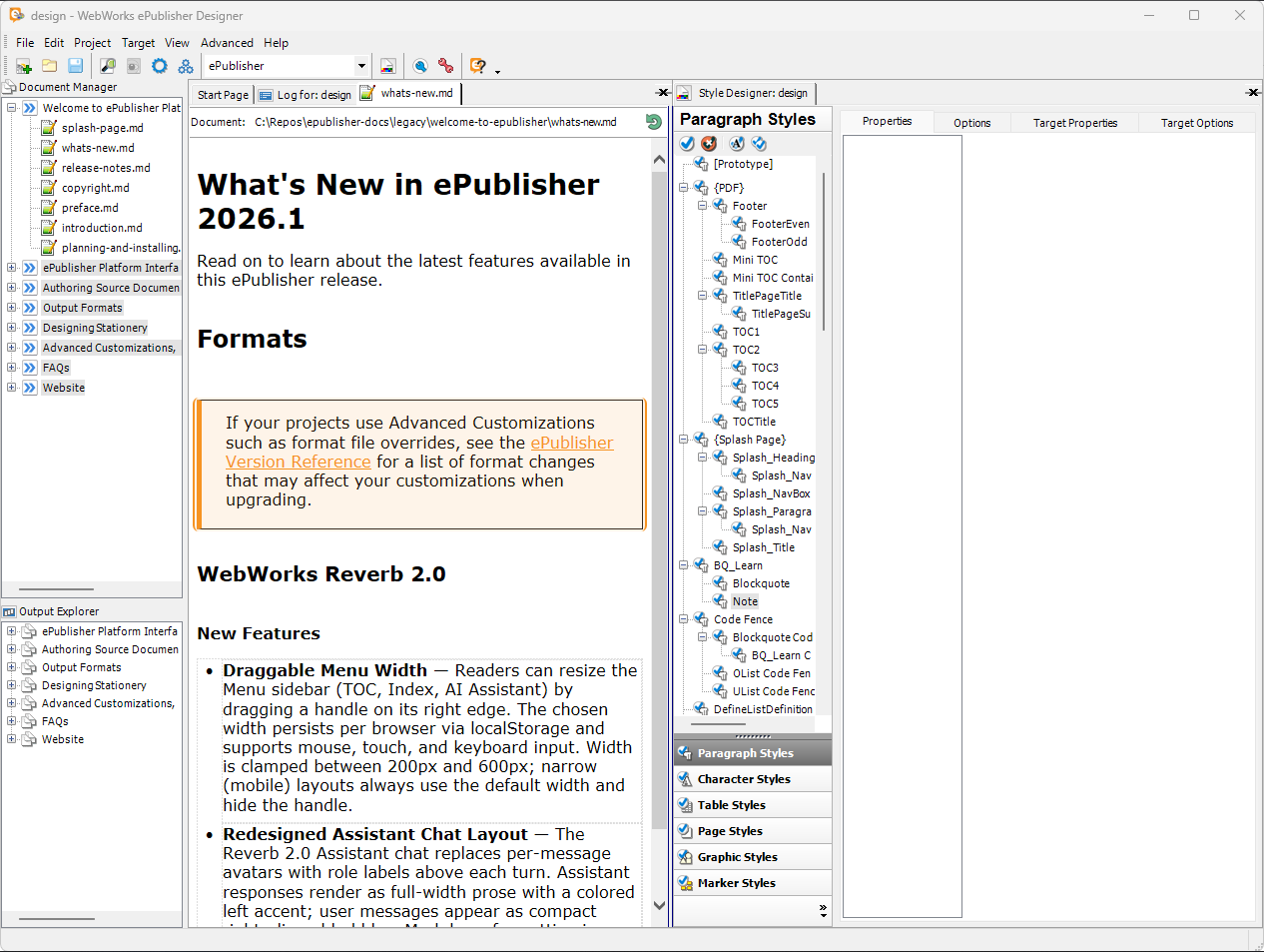 ePublisher Designer showing the live Preview pane with styles applied to a source document.