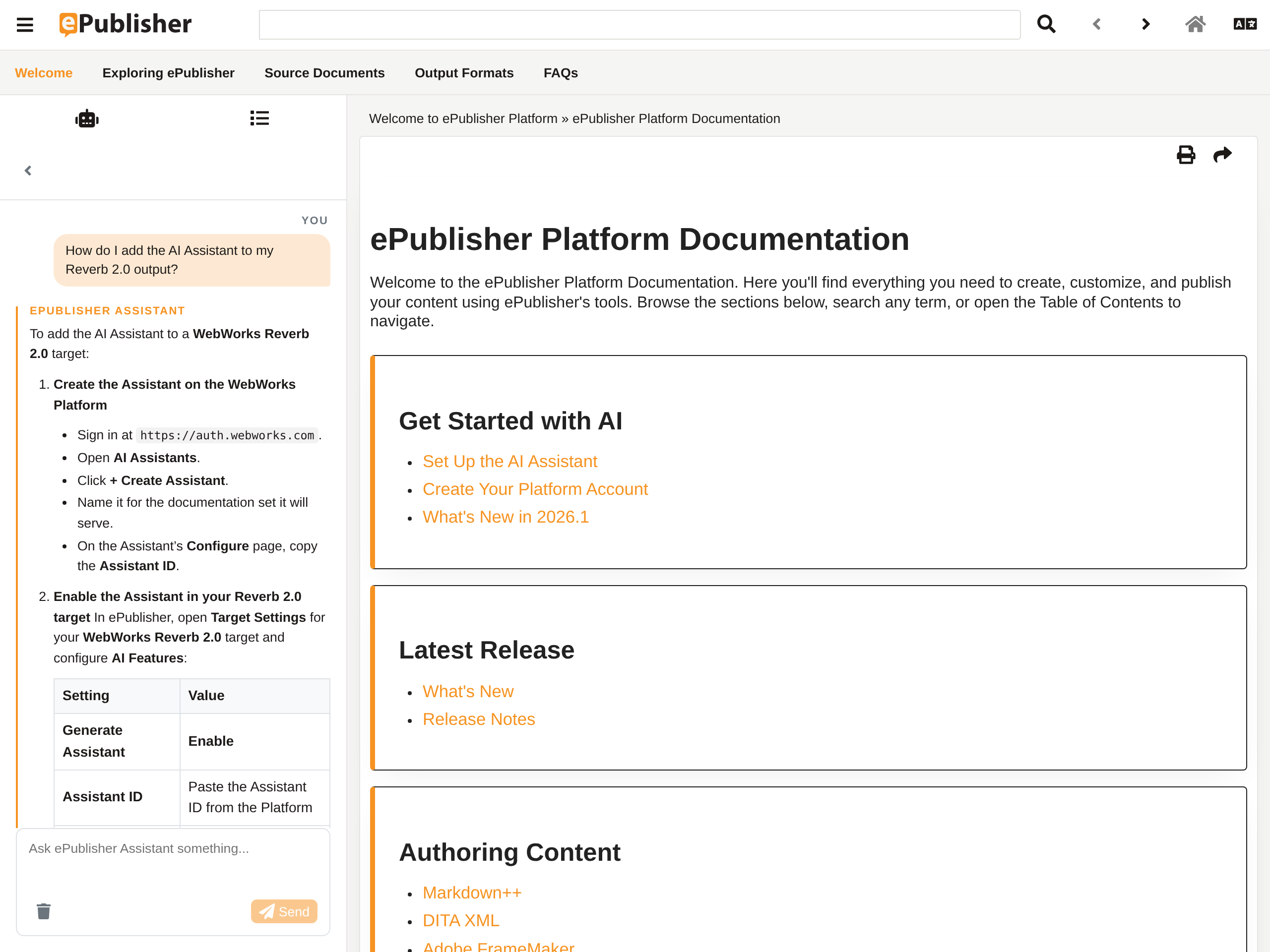 The ePublisher Assistant answering a setup question inside the live ePublisher help, with step-by-step instructions.
