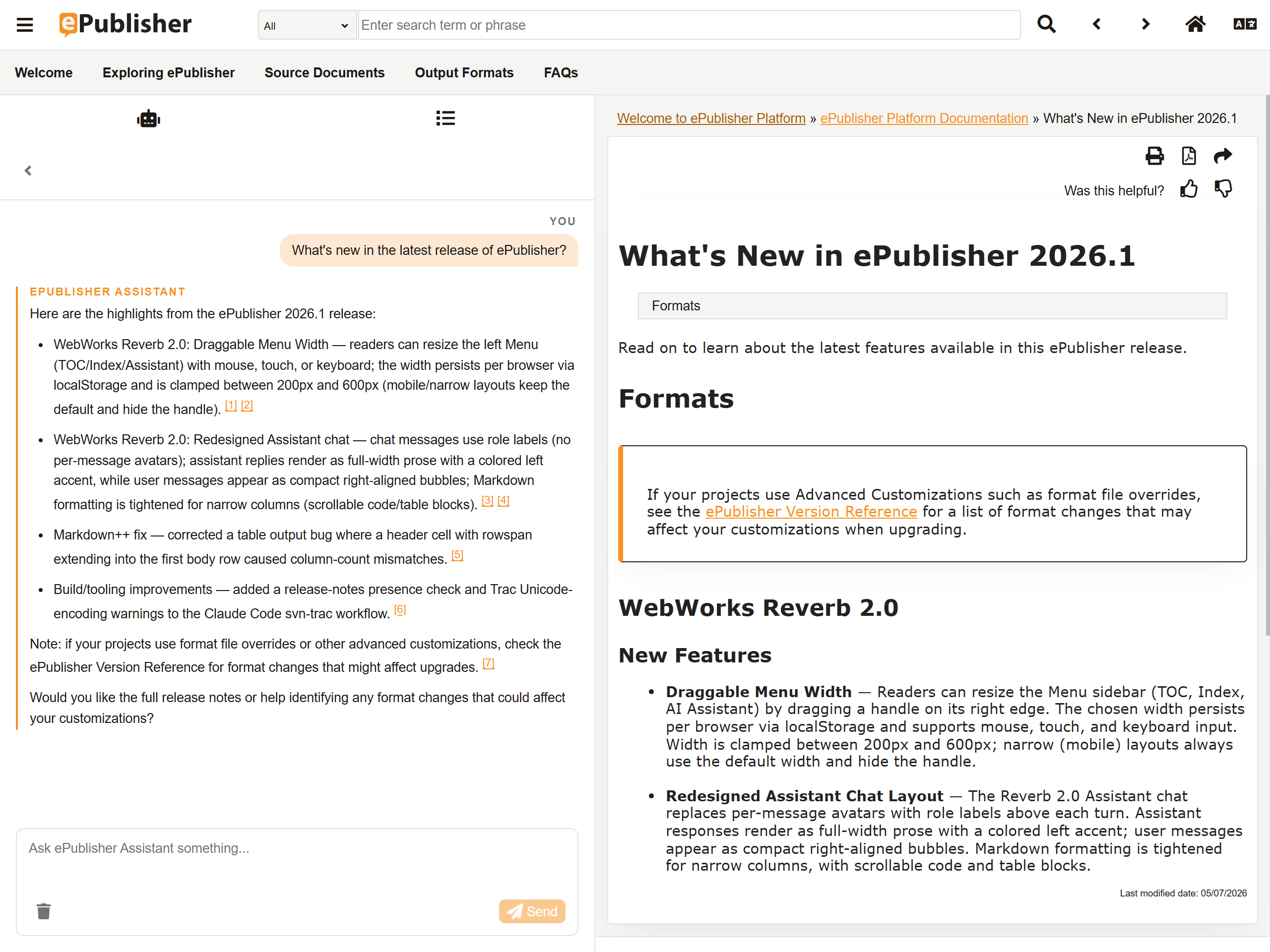 Reverb 2.0 published help page with the AI chat panel open, answering a question about the documentation.